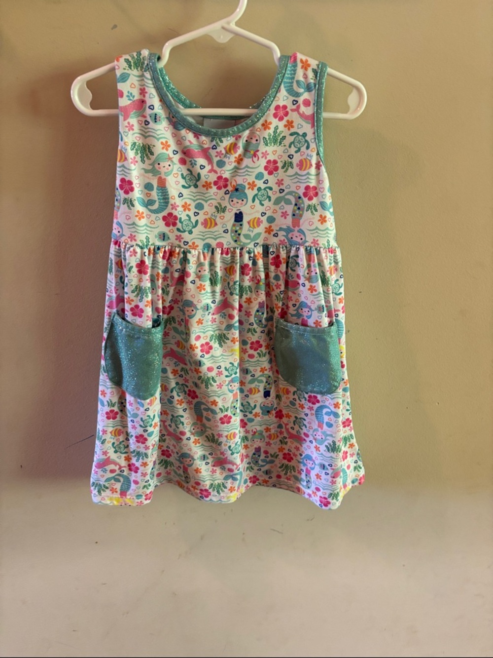 Flap Happy Girls Mermaid Print Dress with Teal Sparkle Pockets